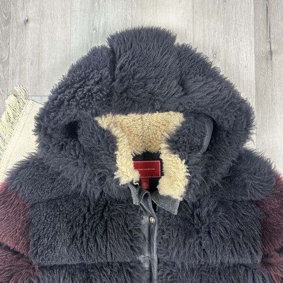 Rare Tommy Hilfiger Fur Coat Shearling Hooded Jacket Navy Burgundy Size 2 - Picture 4 of 12